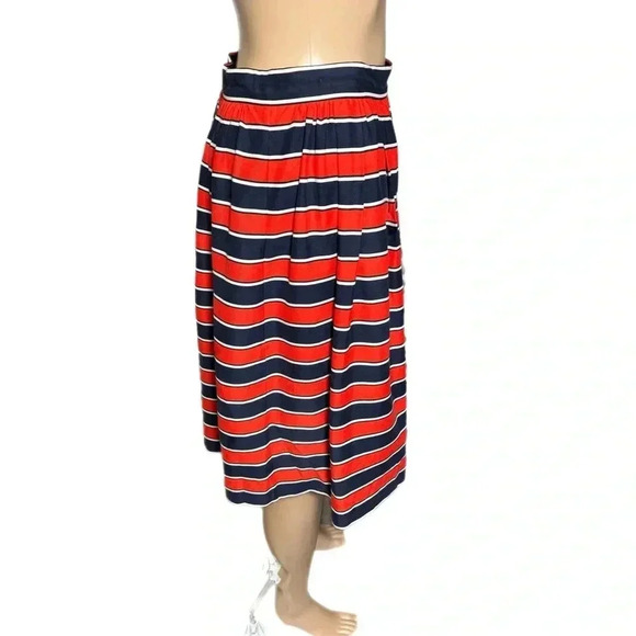 J. CREW 100% Silk Skirt A Line Pleated Retro Style Navy Red Stripe Pleats Sz 2 - Picture 3 of 13